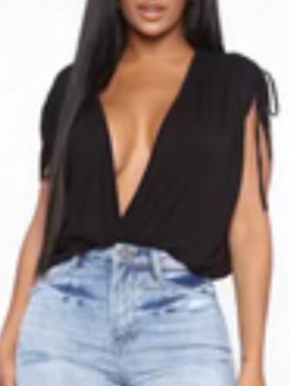 Fashion Nova-Black Deep V Tie-Sleeve Top